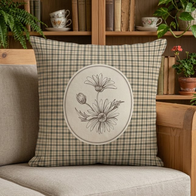 Almofada Gingham Botânico Floral Vintage  (Criador carregado)