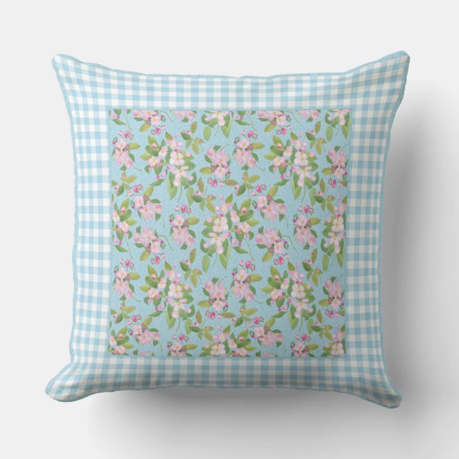 Almofada Gingham Branco Azul, Flor de Maçã Rosa em Azul (Frente)