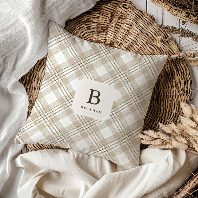 Almofada Gingham de Monograma Bege Macio Festivo (Criador carregado)