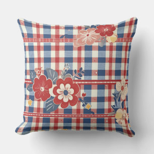 Almofada Gingham Patriótico com Acentos Florais Vermelho