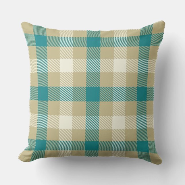 Almofada Gingham tartan xadrez azul e bege estilo country (Frente)