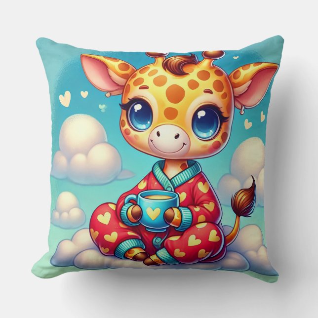 Almofada Girafa bebê desenho fofo relaxando na nuvem (Frente)