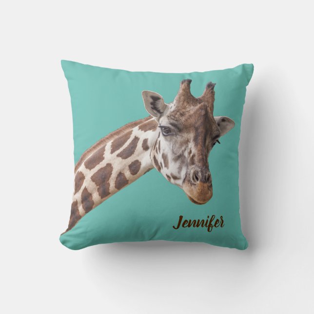 Almofada Giraffe Animal Photo on Teal Personalised Name (Frente)