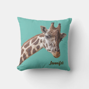 Almofada Giraffe Animal Photo on Teal Personalized Name