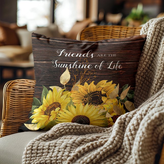 Almofada Girassóis Amarelos Amigos Sol Amarelo Madeira Rúst (Sunflowers and rustic wood "Friends are the sunshine of life." pillow)