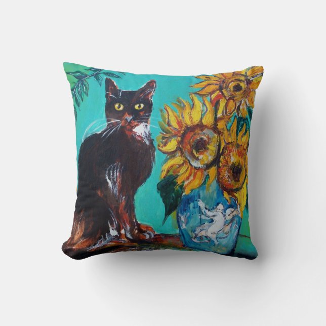 ALMOFADA GIRASSÓIS COM GATO PRETO EM TURQUESA AZUL (Frente)