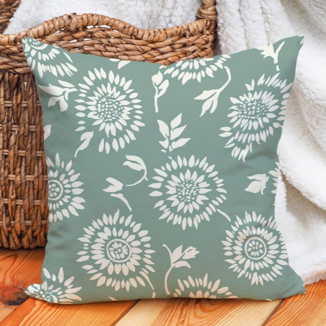 Almofada Girassóis Creme Boho Botânico Verde Sage (Boho Botanical Sage Green Cream Sunflowers Throw Pillow)