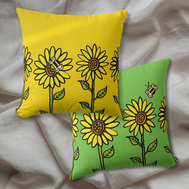 Almofada Girassóis e Abelha Feliz e Alegre (Sunflowers and Bumble Bee Bright Happy Throw Pillow)