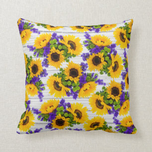 Almofada Girassol amarelo roxo de madeira branco rústico d