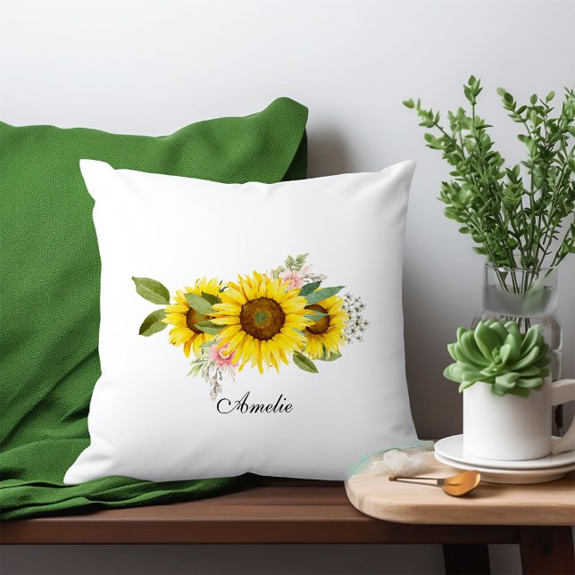 Almofada Girassol Aquarela Rosa Floral (Criador carregado)