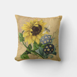 Almofada Girassol da abelha floral & mapa do vintage