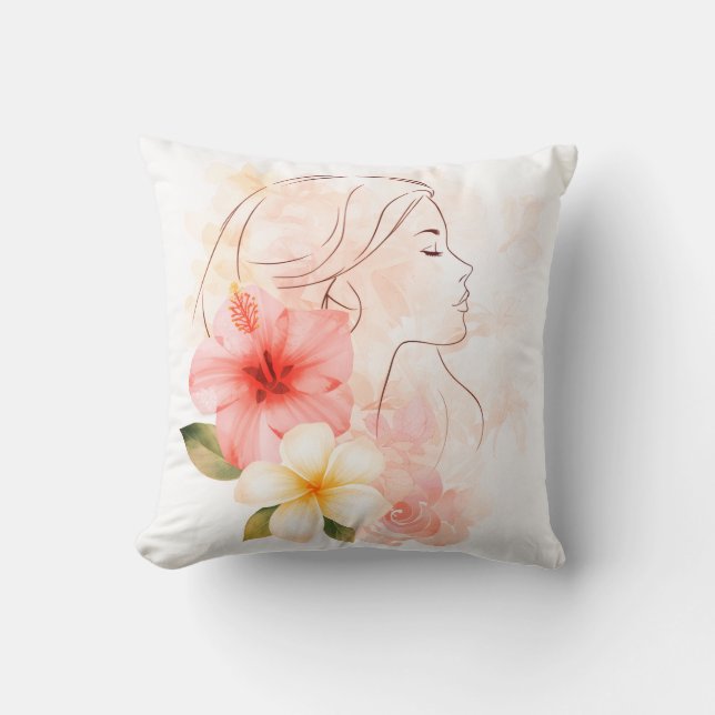 Almofada Girl close her eyes whithe flower-watercolor  (Frente)