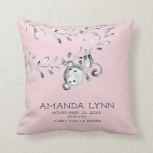 Almofada GIRL Monkey Baby Birth Stats Travesseiro