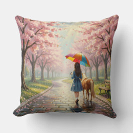 Almofada Girl with Umbrella and Pony in Park Throw Pillow
