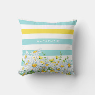 Almofada Girly Aqua Stripes com margaridas amarelas e nome