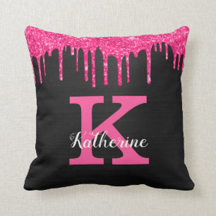 Almofada Girly Black Hot Pink Glitter Drives Nome do Monogr