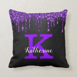 Almofada Girly Black Purple Glitter Drives Nome do Monogram