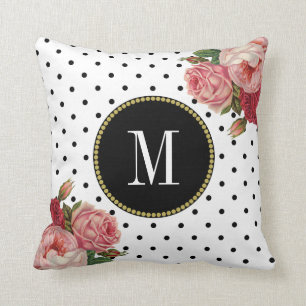 Almofada Girly Black White Dots Vintage Floral Monograma
