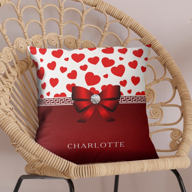 Almofada Girly Elegant Red Heart & Red Ribbon Custom Name (Criador carregado)