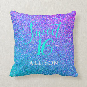 Almofada Girly Glam Teal Purple Glitter Sweet 16 Monograma