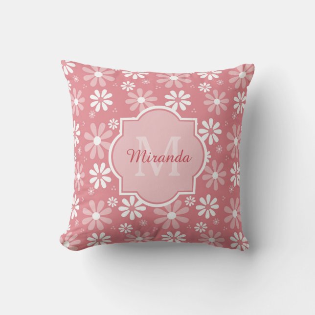 Almofada Girly Monogramas Flores De Margarida Rosa, Cuta, C (Frente)