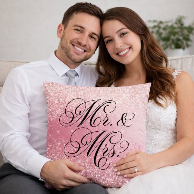 Almofada Girly Pink Glitter Ombre Mr and Mrs Throw Pillow (Criador carregado)