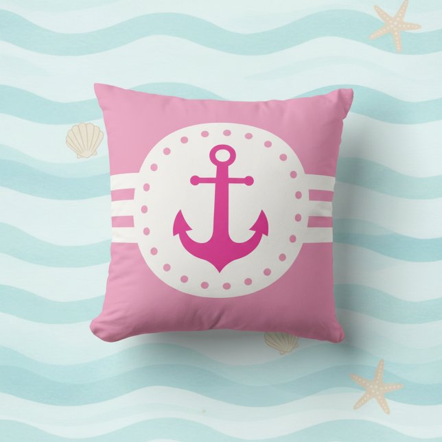 Almofada Girly Pink Nautical Anchor Throw Pillow (Girly pink and white nautical anchor throw pillow.)