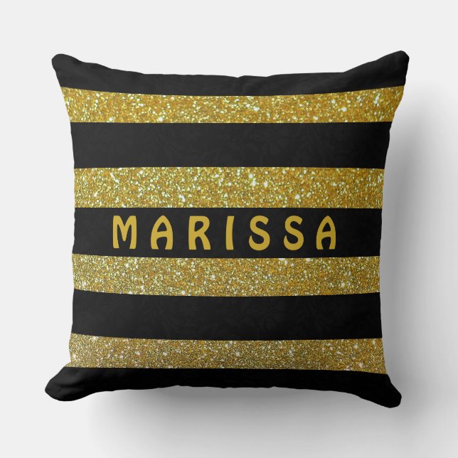 Almofada Glam Black & Dourado Glitter Sparkles Nome do Mono (Frente)