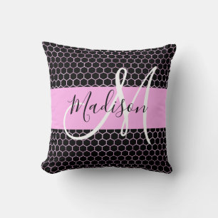 Almofada Glam Black Metalk Pink Honeycomb Monograma Nome