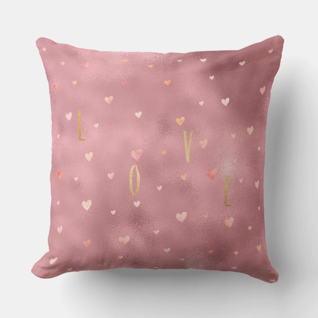 Almofada Glam Dourado Rosa Aquarela Corações de Amor (Frente)