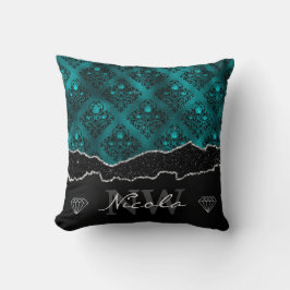 Almofada Glam Monograma Ombre em Verde Azul e Preto Damask