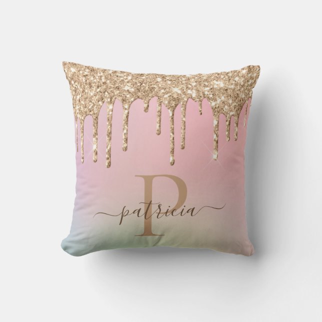 Almofada Glam Ouro Glitter Gotas Monograma Elegante  (Frente)