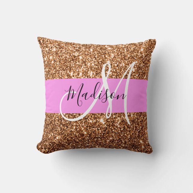 Almofada Glam Rosa & Cobre Brilho Faíscas Monograma Nome (Frente)