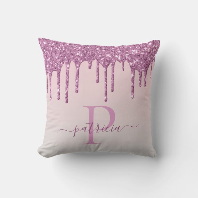 Almofada Glam Rosa Glitter Gotas Monograma Elegante  (Frente)