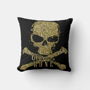 Almofada Glamoroso Preto ao Osso Dourado Caveira com Brilho