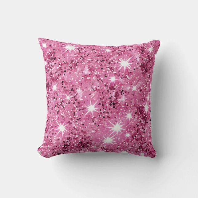 Almofada Glitter de Sequência de Estrelas Rosa Quente (Frente)