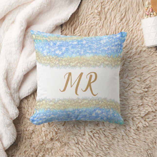 Almofada glitter dourado azul glitter glitter nome monogram (Cobertor)