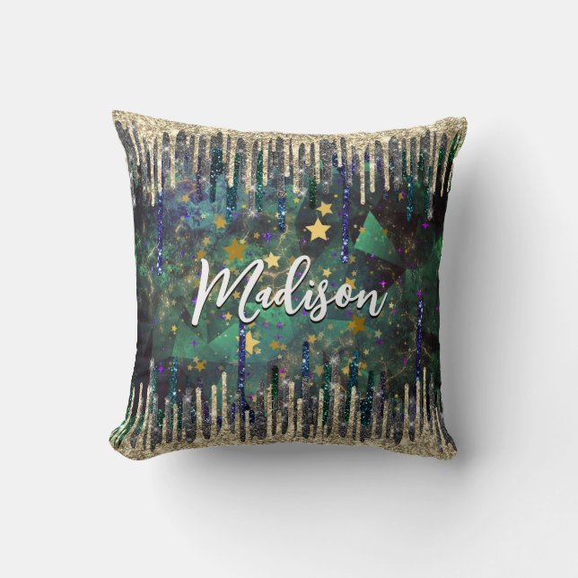 Almofada Glitter dourado de turquesa verde-chic gota a mono (Frente)