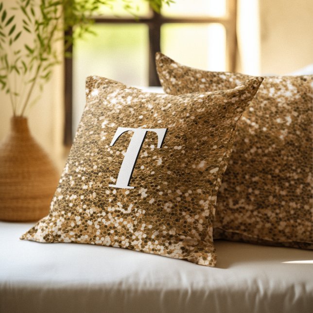 Almofada Glitter Monogramado Chunky Dourado (Gold Chunky Glitter Monogrammed Throw Pillow)