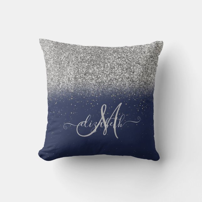 Almofada Glitter Ombre Prateado Moderno Monograma Azul Nava (Frente)