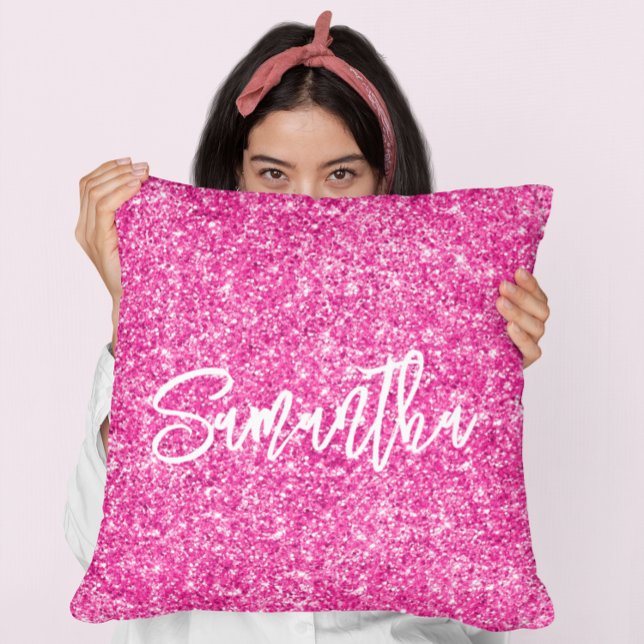 Almofada Glitter Rosa Quente Branco Script Pincel (Criador carregado)