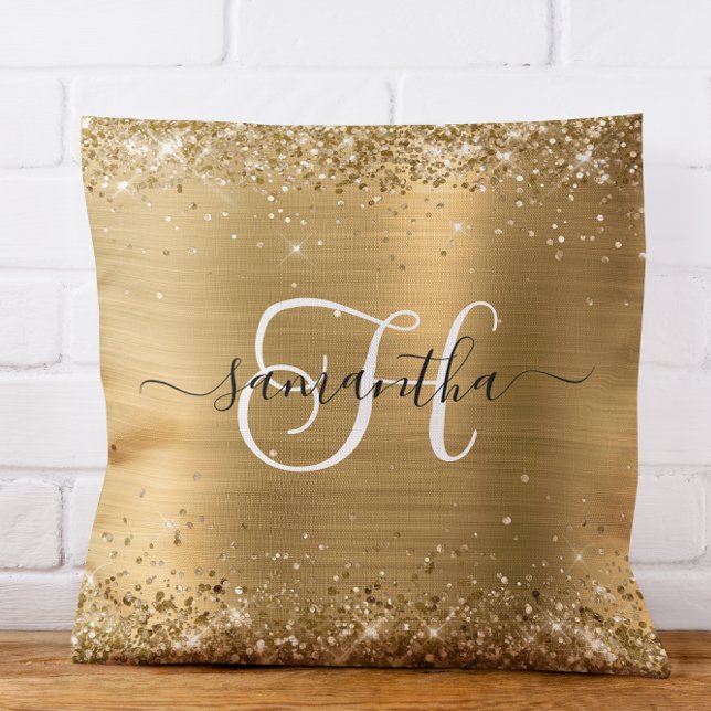 Almofada Glittery Dourada Glam Monograma (Glittery Gold Glam Monogrammed Throw Pillow)