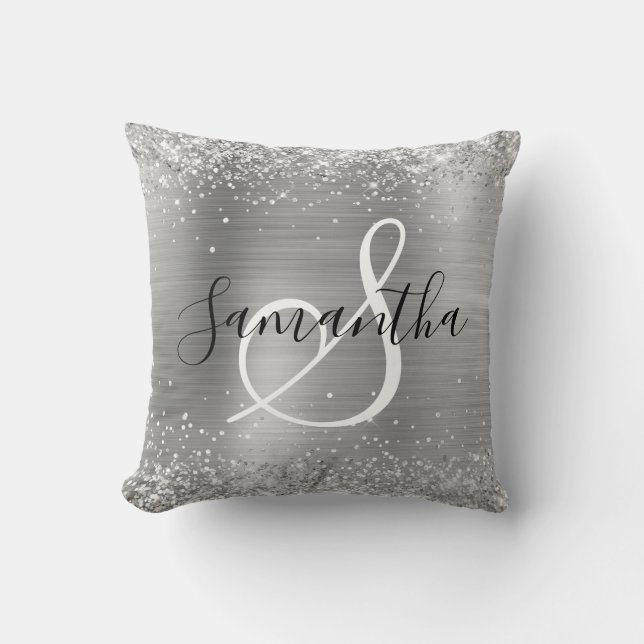 Almofada Glittery Silver Foil Elegant Monogrammed (Frente)