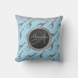 Almofada Glittery Silver Giraffe on Blue Personalised