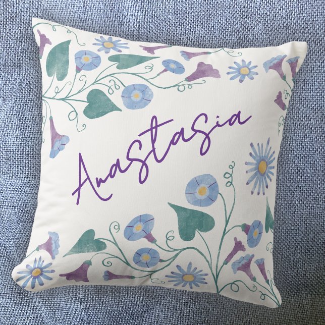 Almofada Glória da Manhã Personalizada do Mês de Nascimento (September birthday birth month flower morning glory aster personalized custom name throw pillow gift)