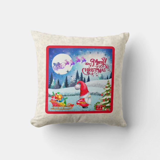 Almofada Gnomo de Natal Nevado e Presentes do Trenó do Papa (Frente)