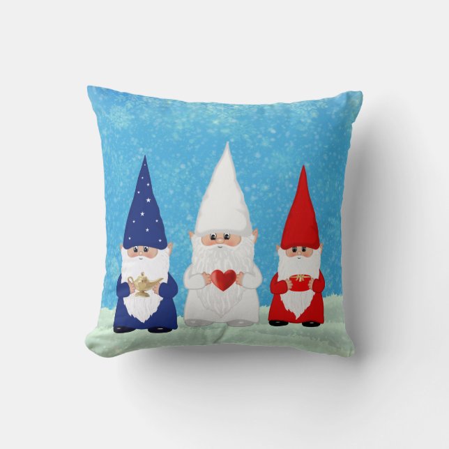 Almofada Gnomos de Natal bonitos vestidos de azul vermelho  (Frente)