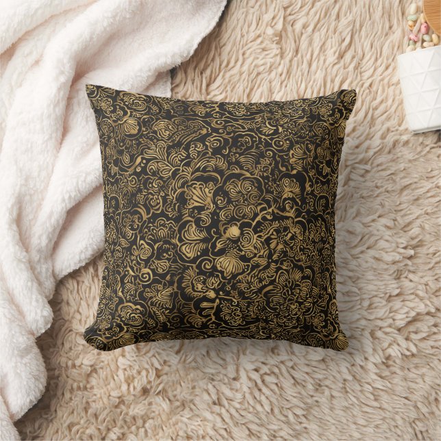 Almofada Gold Floral Baroque Pattern on Black (Cobertor)