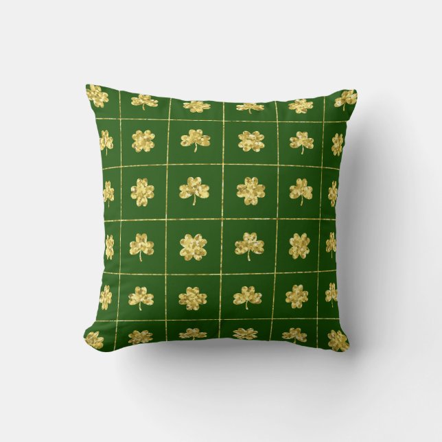 Almofada Gold Foil Shamrock Green Grid Pattern (Frente)
