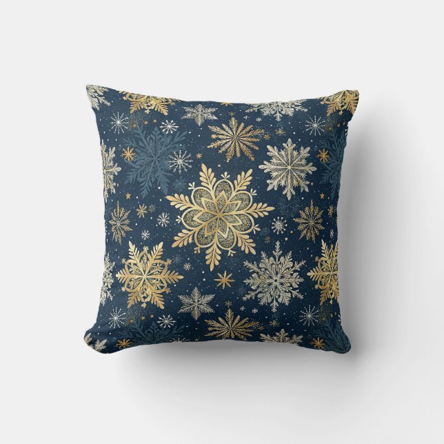 Almofada Gold Snowflakes Blue Winter Christmas  (Frente)